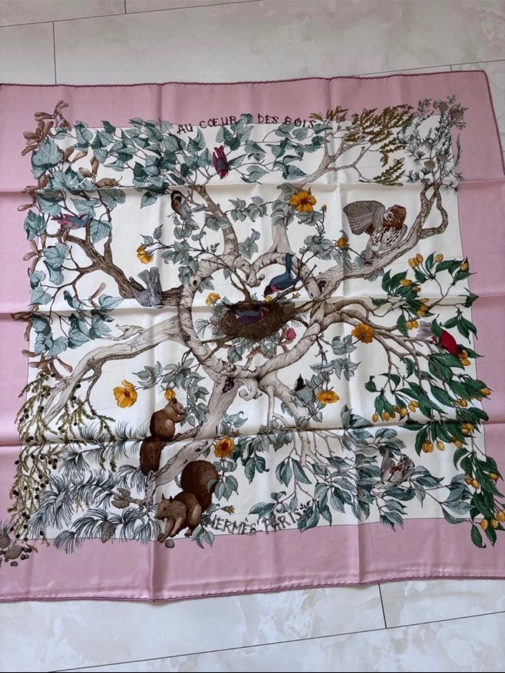 Hermes Pink, White & Green 'Au Coeur des Bois' Silk Scarf